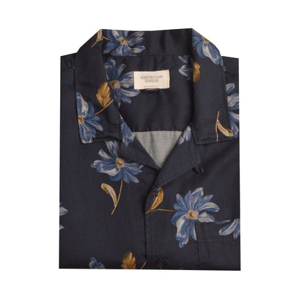 قميص رجالي نص كم بجيب نمط مشجر لون كحلي