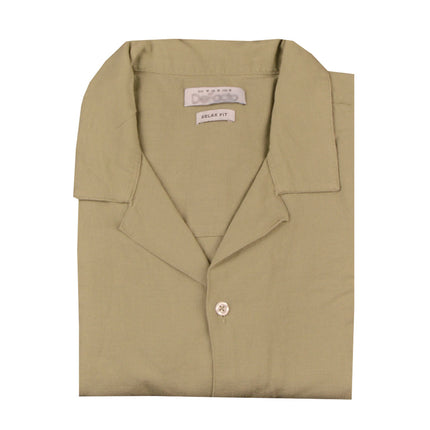 قميص كتان رجالي نص كم ساده قصه عاديه ريلاكست فيت لون زيتى