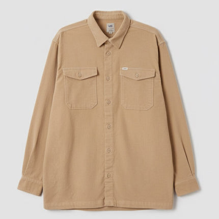 قميص رجالى قطيفه مضلع ساده بجيوب امامية لون بيج