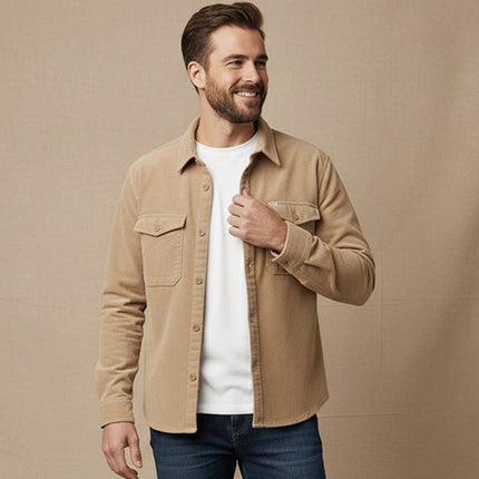 قميص رجالى قطيفه مضلع ساده بجيوب امامية لون بيج