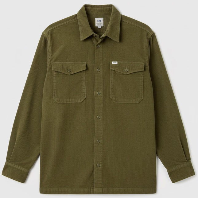 قميص رجالى قطيفه مضلع ساده بجيوب امامية لون زيتي