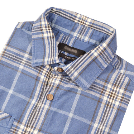 قميص شتوي رجالي كاروهات بأكمام طويلة وياقة عادية لون ازرق