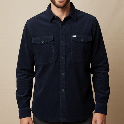 قميص رجالى قطيفه مضلع ساده بجيوب امامية لون كحلي