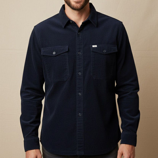 قميص رجالى قطيفه مضلع ساده بجيوب امامية لون كحلي