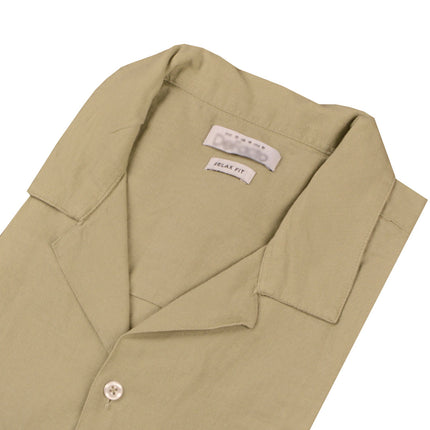 قميص كتان رجالي نص كم ساده قصه عاديه ريلاكست فيت لون زيتى