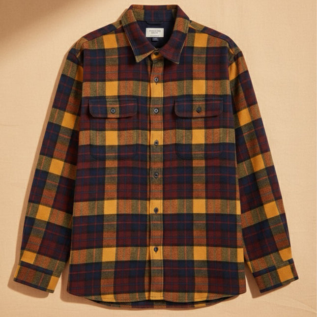 قميص شتوى رجالي كاروهات بجيوب امامية وياقة عادية