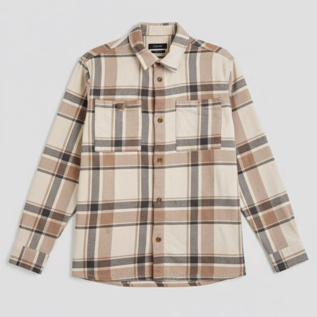 قميص شتوى رجالي كاروهات بجيوب امامية وياقة عادية