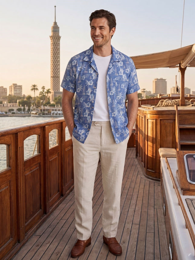 قميص رجالي نص كم ريجولار فيت نقشة استوائية