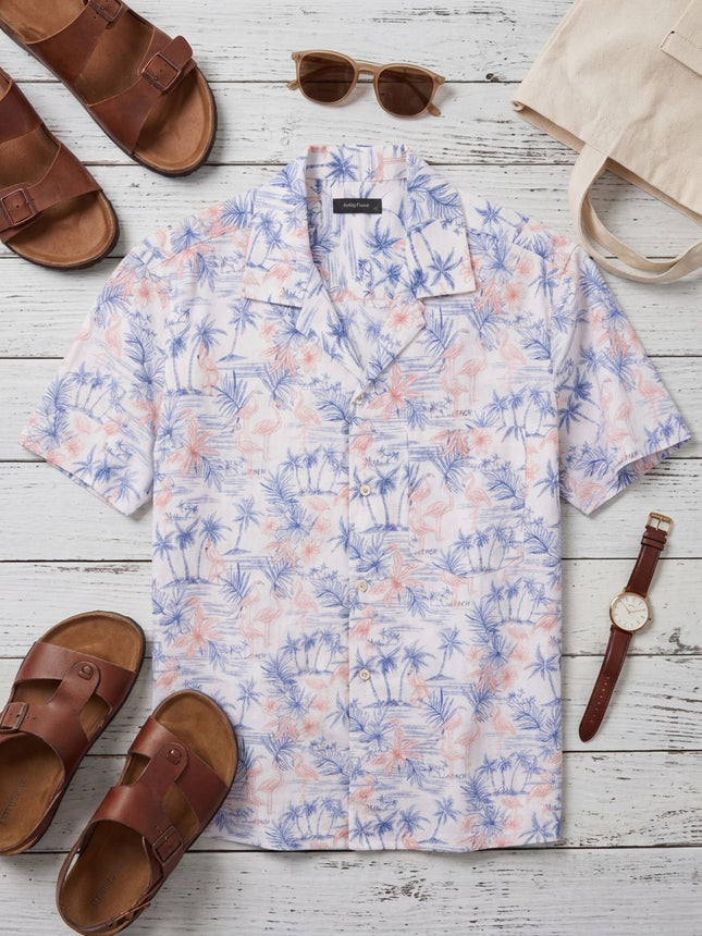 قميص رجالي كاجوال نص كم نقشة استوائية ناعمة