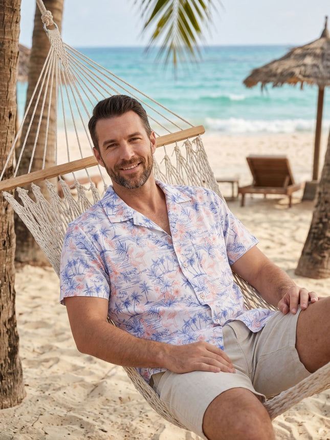 قميص رجالي كاجوال نص كم نقشة استوائية ناعمة